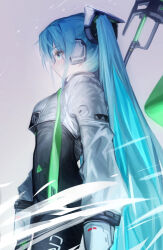 Rule 34 | 1girl, absurdres, aqua eyes, aqua hair, black bodysuit, bodysuit, breasts, closed mouth, commentary, cowboy shot, cropped jacket, dust cloud, expressionless, film grain, flag, from side, gloves, goodsmile racing, green necktie, grey background, hatsune miku, headphones, highres, holding, holding flag, jacket, light blush, long hair, long necktie, long sleeves, mihoranran, necktie, profile, puffy long sleeves, puffy sleeves, racing miku, racing miku (2022), small breasts, solo, twintails, very long hair, vocaloid, white gloves, white jacket