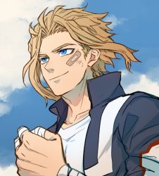Rule 34 | 1boy, bandaged fingers, bandaged wrist, bandages, bandaid, bandaid on face, blonde hair, blue eyes, blue sky, boku no hero academia, clenched hand, cloud, day, determined, from below, gym uniform, hair blowing, high collar, jacket, kadeart, looking ahead, male focus, muscular, muscular male, open clothes, open jacket, outdoors, scratches, shirt, short hair, sidelocks, sky, smile, solo, taped fingers, track jacket, u.a. gym uniform, white shirt, wind, yagi toshinori, aged down