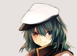 Rule 34 | 10s, 1girl, bad id, bad pixiv id, blue eyes, close-up, green hair, hat, heterochromia, highres, kantai collection, kiso (kancolle), looking at viewer, no eyepatch, orange eyes, portrait, scar, scar across eye, scar on face, shiorinda, short hair, smile, solo