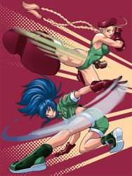 Rule 34 | 2girls, blonde hair, blue eyes, blue hair, boots, braid, cammy white, capcom, coinboxtees, combat boots, crossover, fighting stance, fingerless gloves, gloves, green jacket, green shorts, hat, jacket, leona heidern, leotard, multiple girls, muscular, muscular female, ponytail, shorts, snk, street fighter, the king of fighters