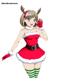 Rule 34 | 1girl, absurdres, antlers, bare shoulders, belt, blue eyes, blush, box wonderland, breasts, brown hair, cleavage, dress, fake antlers, fur choker, gloves, hairband, half gloves, highres, horns, looking at viewer, love live!, love live! superstar!!, medium breasts, multicolored hair, red dress, red gloves, santa costume, santa dress, short hair, simple background, smile, solo, standing, strapless, strapless dress, streaked hair, striped clothes, striped thighhighs, tang keke, thighhighs, twitter username, waving, white background