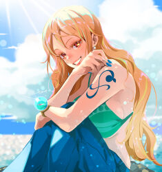 Rule 34 | 1girl, bare shoulders, bikini, bikini top only, blue nails, blue pants, blue sky, bracelet, breasts, cloud, cloudy sky, day, earrings, eyelashes, green bikini, grin, highres, horizon, jewelry, large breasts, light particles, long hair, looking at viewer, moroi, nami (one piece), ocean, one piece, orange eyes, orange hair, outdoors, pants, pearl earrings, shoulder tattoo, sitting, sky, smile, solo, sunlight, swimsuit, tattoo, teeth