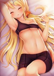 Rule 34 | 1girl, arm up, armpits, bare arms, bare shoulders, bike shorts, black shorts, black tank top, blonde hair, blush, breasts, cleavage, closed eyes, collarbone, commentary request, crop top, facing viewer, groin, hair ornament, hair scrunchie, hairclip, hand up, highres, kin-iro mosaic, kujou karen, long hair, lying, medium breasts, minato ojitan, navel, on back, orange scrunchie, parted lips, revision, scrunchie, short shorts, shorts, solo, strap slip, sweat, tank top, very long hair, x hair ornament