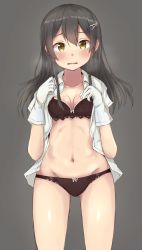 Rule 34 | 1girl, black hair, black panties, black skirt, black vest, blouse, blush, cowboy shot, gloves, grey background, hair ornament, hairclip, highres, kantai collection, long hair, neck ribbon, open clothes, open mouth, open shirt, oyashio (kancolle), panties, ribbon, shirt, short sleeves, simple background, skirt, solo, underwear, undressing, vest, wasumi kei, white gloves, yellow eyes