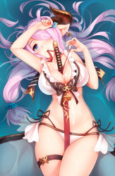Rule 34 | 10s, 1girl, between breasts, bikini, blue eyes, blush, breasts, cleavage, cum, cum on body, cum on breasts, cum on hair, cum on stomach, cum on upper body, demon horns, draph, earrings, facial, granblue fantasy, hair ornament, hair over one eye, heart, heart-shaped pupils, highres, horns, jewelry, katana, large breasts, light purple hair, long hair, looking at viewer, low tied hair, mouth hold, narmaya (granblue fantasy), navel, partially submerged, pointy ears, ricegnat, sheath, sheathed, solo, star (symbol), star earrings, swimsuit, sword, symbol-shaped pupils, water, weapon, white bikini