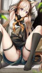 Rule 34 | 1girl, absurdres, animal ear fluff, animal ears, argyle, argyle clothes, argyle legwear, arknights, armpits, arms up, black socks, brown hair, cardigan (arknights), cardigan (sunny day) (arknights), censored, cleft of venus, detached sleeves, feet, foot out of frame, grey shorts, hair between eyes, highres, kneehighs, knees up, legs, long hair, long sleeves, looking at viewer, mosaic censoring, multicolored hair, no panties, no shoes, nopetroto, parted lips, purple eyes, pussy, revision, shirt, short shorts, shorts, sleeveless, sleeveless shirt, smile, socks, solo, spread legs, streaked hair, tail, thigh strap, toes, upshorts, very long hair, white shirt, white sleeves