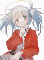 Rule 34 | 1girl, absurdres, black eyes, blue hair, bokusatsu tenshi dokuro-chan, dress, finger to mouth, grey dress, hair ribbon, halo, highres, index finger raised, jacket, light blue hair, light smile, mitsukai dokuro, nagamerin, open clothes, open jacket, red jacket, ribbon, simple background, solo, twintails, upper body, white background