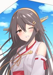Rule 34 | 1girl, ;), akahi242, anniversary, bare shoulders, blush, brown eyes, detached sleeves, grey hair, hair ornament, hairclip, haruna (kancolle), headgear, kantai collection, long hair, looking at viewer, nontraditional miko, one eye closed, smile, solo, upper body