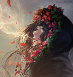 Rule 34 | 1girl, black eyes, black hair, close-up, commentary, day, english commentary, face, flower, grey background, hood, hood up, hooded jacket, jacket, long hair, looking up, original, petals, simple background, solo, visible air, watermark, web address, wind, winter, yuumei