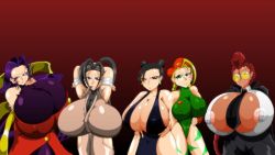 Rule 34 | 5girls, areola slip, black hair, blonde hair, breasts, cammy white, capcom, chun-li, cleavage, covered erect nipples, crimson viper, gigantic breasts, gradient background, huge breasts, ibuki (street fighter), kaiman82, large breasts, long hair, looking at viewer, multiple girls, purple hair, red hair, rose (street fighter), short hair, simple background, street fighter, tight clothes