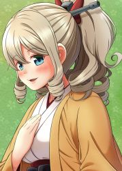Rule 34 | 1girl, blonde hair, blue eyes, commentary request, drill hair, hair between eyes, hair ornament, hair ribbon, hand on own chest, haori, hatakaze (kancolle), highres, japanese clothes, jougenmushi, kantai collection, kimono, looking at viewer, meiji schoolgirl uniform, ponytail, red ribbon, ribbon, solo, upper body, white kimono