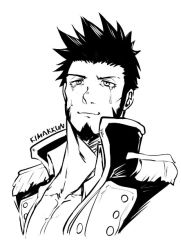 Rule 34 | 1boy, commission, cropped shoulders, cross scar, crying, crying with eyes open, epaulettes, facial hair, fate/grand order, fate (series), fringe trim, goatee, greyscale, jacket, kimakkun, long sideburns, looking at viewer, male focus, mature male, monochrome, napoleon bonaparte (fate), open clothes, open jacket, pectoral cleavage, pectorals, sad, scar, scar on chest, second-party source, short hair, sideburns, smile, solo, tears, toned, toned male
