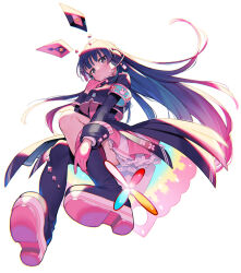 Rule 34 | 1girl, animal ears, armband, asymmetrical footwear, black eyes, black hair, blush, boots, commentary request, floating hair, full body, gloves, hair ornament, hairclip, headset, highres, jacket, layered skirt, long hair, looking at viewer, mechanical ears, nijisanji, pink gloves, rabbit ears, simple background, skirt, solo, tsukino mito, virtual youtuber, wantan meo, white background