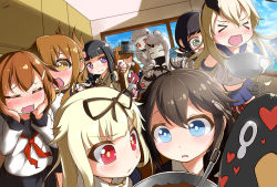 Rule 34 | &gt; &lt;, 10s, 6+girls, :d, > <, ^ ^, abyssal ship, ahoge, black hair, blonde hair, blue eyes, blush, bow, brown hair, carillus, carrying, chocolate, chocolate covered, chocolate making, claws, closed eyes, colored skin, dress, dutch angle, closed eyes, failure penguin, folded ponytail, fubuki (kancolle), green eyes, hair bow, hair ornament, hair ribbon, hairband, hairclip, hands on own cheeks, hands on own face, highres, holding, horns, ikazuchi (kancolle), inazuma (kancolle), kantai collection, kitakami (kancolle), long hair, looking at viewer, low ponytail, magatama, mittens, multiple girls, northern ocean princess, open mouth, piggyback, pleated skirt, purple hair, red eyes, remodel (kantai collection), ribbon, ryuujou (kancolle), school uniform, seaport princess, serafuku, shigure (kancolle), shimakaze (kancolle), short hair, silver hair, single horn, skirt, smile, surprised, torpedo, valentine, visor cap, white dress, white skin, xd, yuudachi (kancolle)