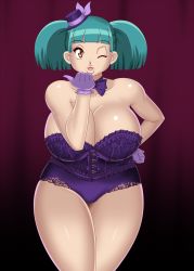 Rule 34 | 1girl, ;o, aqua hair, bare shoulders, blowing kiss, bluebullpen, breasts, brown eyes, cleavage, creatures (company), game freak, highres, huge breasts, lingerie, looking at viewer, nini (pokemon), nintendo, one eye closed, open mouth, plump, pokemon, pokemon (anime), pokemon xy (anime), solo, standing, thick thighs, thigh gap, thighs, twintails, underwear, wide hips