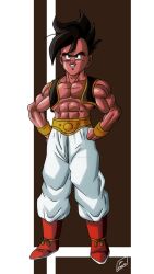 Rule 34 | black eyes, black hair, dragon ball, gold belt, gold wristbands, highres, muscular, muscular male, pants, smile, tagme, uub, white pants