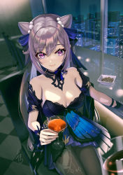 Rule 34 | 1girl, alcohol, bare shoulders, black bow, black dress, black pantyhose, blue ribbon, bow, bowtie, breasts, cone hair bun, cup, diamond-shaped pupils, diamond (shape), dress, food, genshin impact, hair bun, hair ornament, holding, holding cup, keqing (genshin impact), keqing (opulent splendor) (genshin impact), lipstick, looking at viewer, makeup, medium breasts, night, night sky, official alternate costume, pantyhose, pov, purple eyes, purple hair, ribbon, signature, sitting, sky, smile, strapless, strapless dress, symbol-shaped pupils, town, twintails, wrist ribbon, yamahara
