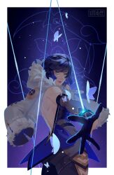 Rule 34 | 1girl, absurdres, bare back, bare shoulders, black hair, blue hair, border, bug, butterfly, closed mouth, commentary, constellation, english commentary, fur-trimmed jacket, fur trim, genshin impact, highres, insect, jacket, looking at viewer, medium hair, outstretched hand, signature, sky, solo, star (sky), starry sky, vonnabeee, white border, white jacket, yelan (genshin impact)