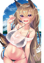 Rule 34 | 1girl, :d, absurdres, animal ears, arknights, arm behind back, arm up, beach, bikini, black bikini, blue sky, breasts, ceobe (arknights), cleavage, cloud, collarbone, commentary request, cowboy shot, crop top, day, fang, highres, large breasts, long hair, looking at viewer, lower teeth only, mountainous horizon, navel, ocean, open mouth, outdoors, red eyes, shirt, sidelocks, sky, smile, standing, swimsuit, tamano nae, teeth, thighs, very long hair, wet, wet clothes, wet shirt, white shirt