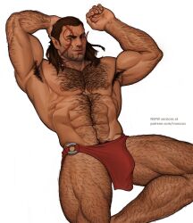 Rule 34 | 1boy, abs, armpit hair, baldur&#039;s gate, baldur&#039;s gate 3, bara, brown hair, bulge, dark-skinned male, dark skin, dungeons &amp; dragons, elf, feet out of frame, hairy, halsin, highres, large pectorals, looking at viewer, lying, male focus, marcus (rnarccus), mature male, medium hair, muscular, muscular male, navel, navel hair, nipple hair, nipples, on back, paid reward available, pectorals, pointy ears, smile, solo, stomach, thick chest hair, thick eyebrows, thick leg hair, thick navel hair, thick thighs, thighs, topless male, very hairy