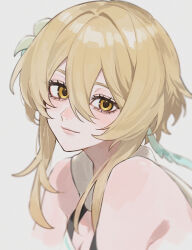 Rule 34 | blonde hair, blurry, cropped arms, cropped torso, depth of field, flower, genshin impact, hair between eyes, hair flower, hair ornament, highres, itou (very ito), lumine (genshin impact), sidelocks, white background, yellow eyes