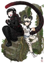 Rule 34 | 2girls, african wild dog (kemono friends), african wild dog print, animal ears, arch, bad id, bad pixiv id, black dress, black footwear, black gloves, black hair, blush, boots, bow, bowtie, closed eyes, commentary request, cross-laced footwear, dog ears, dog tail, dress, eating, elbow gloves, food, food on face, gloves, godzilla, godzilla (series), godzilla (shin), hairband, highres, holding, holding food, japari bun, kemono friends, kishida shiki, lace-up boots, long tail, multiple girls, open mouth, pantyhose, pantyhose under shorts, personification, plant, scales, scarf, sharp teeth, shin godzilla, shorts, sidelocks, signature, smile, stairs, tail, teeth, thighhighs, vines, white background
