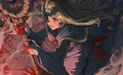 Rule 34 | 1girl, absurdres, blonde hair, blood, blood on face, blood on feet, blood on hands, blue robe, choker, commentary request, dungeon meshi, forehead, goback, green eyes, highres, holding, holding staff, hood, hood down, hooded robe, kneeling, long hair, marcille donato, open mouth, parted bangs, pointy ears, red choker, robe, runes, smoke, soles, solo, staff, sweat, very long hair