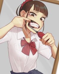 Rule 34 | 1girl, android, black eyes, black hair, blush, bow, bowtie, collared shirt, female focus, hair ornament, hairclip, highres, meikaa, mirror, mouth pull, original, ponytail, red bow, red bowtie, reflection, school uniform, screwdriver, scrunchie, shirt, shirt tucked in, solo, teeth, white shirt
