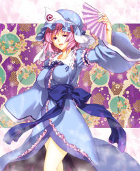 Rule 34 | 1girl, arm up, blue dress, breasts, cherry blossoms, dress, hand fan, female focus, frills, highres, large breasts, long sleeves, open mouth, pink eyes, pink hair, ribbon, saigyouji yuyuko, short hair, smile, solo, tachibana chata, touhou, twig