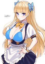 Rule 34 | 1girl, apron, bikini, bikini top only, blonde hair, blue bikini, blue eyes, blue nails, blunt bangs, bow, bowtie, breastless clothes, breasts, hair bow, hands on own hips, highres, large breasts, lina (michihasu), long hair, looking at viewer, michihasu, multicolored eyes, multicolored nails, nail polish, original, puffy short sleeves, puffy sleeves, purple eyes, purple nails, short sleeves, simple background, solo, striped, striped bow, swimsuit, white apron, white background, yellow bow, yellow bowtie