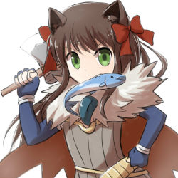 Rule 34 | 1girl, alchemist (ragnarok online), animal ears, axe, blue gloves, bow, brown cape, brown dress, cape, cat ears, clenched hand, commentary request, dress, elbow gloves, fingerless gloves, fish, fish in mouth, fur collar, gloves, green eyes, hair bow, hand on own hip, holding, holding axe, long hair, looking at viewer, natsuya (kuttuki), ragnarok online, red bow, simple background, solo, strapless, strapless dress, upper body, white background