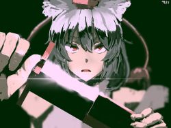 Rule 34 | 1girl, animal ears, blurry, depth of field, face, hair between eyes, hat, highres, holding, holding sheath, holding sword, holding weapon, inubashiri momiji, irohasu (sasagarasu), looking at viewer, open mouth, pom pom (clothes), red eyes, sheath, silver hair, solo, sword, tokin hat, touhou, unsheathing, weapon, wolf ears