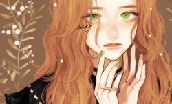 Rule 34 | 1girl, brown background, choker, copyright request, eyelashes, eyeshadow, freckles, green eyes, green nails, hands on own chin, jewelry, lips, looking at viewer, makeup, nail polish, orange hair, parted lips, portrait, ring, solo, takenaka, unfinished, wavy hair, yellow eyeshadow