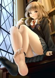 Rule 34 | 1girl, artist name, bad id, bad pixiv id, barefoot, black skirt, book, bookshelf, brown eyes, brown hair, closed mouth, collared shirt, commentary, day, diagonal-striped clothes, diagonal-striped necktie, diagonal-striped neckwear, dkoro, english commentary, foot focus, harry potter (series), hermione granger, highres, holding, holding wand, indoors, long hair, looking at viewer, necktie, orange necktie, panties, pantyshot, pleated skirt, school uniform, shirt, sitting, skirt, sleeves past wrists, smile, solo, striped clothes, striped necktie, striped neckwear, underwear, upskirt, wand, white panties, white shirt, window, wing collar, wizarding world