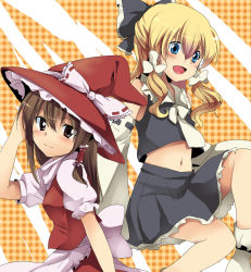 Rule 34 | 2girls, alternate color, alternate eye color, apron, ascot, bad id, bad pixiv id, black skirt, blonde hair, blue eyes, blush, bow, brown eyes, brown hair, checkered background, cosplay, costume switch, detached sleeves, fang, female focus, hair bow, hair tubes, hakurei reimu, hakurei reimu (cosplay), hand on headwear, hat, hat ribbon, japanese clothes, kirisame marisa, kirisame marisa (cosplay), lace, lace-trimmed skirt, lace trim, marimo danshaku, midriff, miko, miniskirt, multiple girls, navel, open mouth, red skirt, ribbon, shirt, skirt, skirt set, smile, touhou, witch, witch hat