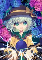 Rule 34 | 1girl, black hat, blue flower, blue rose, bow, buttons, collar, commentary, diamond button, energy, eyebrows hidden by hair, eyelashes, floral background, flower, frilled collar, frilled sleeves, frills, green eyes, green hair, green sailor collar, hat, hat bow, highres, komeiji koishi, long sleeves, looking at viewer, medium hair, open hands, open mouth, outstretched arms, pink flower, pink rose, rose, sailor collar, shirt, smile, solo, stained glass, third eye, thorns, touhou, tsukikusa, upper body, wavy hair, wide sleeves, wind, yellow bow, yellow shirt
