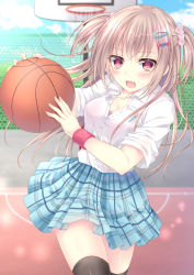Rule 34 | 1girl, :3, :d, aqua skirt, bad id, bad pixiv id, ball, basketball, basketball (object), basketball court, basketball hoop, black thighhighs, blonde hair, blue sky, blurry, blush, bra, breasts, cleavage, cloud, cloudy sky, collarbone, day, depth of field, fang, hair ornament, hair scrunchie, hairclip, highres, holding, kohinata hoshimi, long hair, looking at viewer, medium breasts, moe2017, open mouth, original, outdoors, partially unbuttoned, pink bra, plaid, plaid skirt, pleated skirt, red eyes, running, school uniform, scrunchie, see-through, shirt, skirt, sky, sleeves rolled up, smile, solo, star (symbol), star hair ornament, thighhighs, two side up, underwear, white shirt, wristband