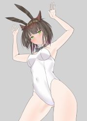 Rule 34 | 1girl, animal ears, armpits, arms up, black bow, black bowtie, black headband, bow, bowtie, breasts, brown hair, clothes writing, commentary request, covered navel, cowboy shot, from below, green eyes, grey background, hair flaps, hatsuzuki (kancolle), headband, kantai collection, leotard, looking at viewer, pantyhose, playboy bunny, rabbit ears, rabbit pose, sakurai nana (moshichi), short hair, simple background, small breasts, smile, solo, standing, strapless, strapless leotard, white leotard, white pantyhose