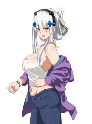 Rule 34 | 1girl, absurdres, alternate costume, alternate hairstyle, bare shoulders, bishi (bishi), bow, breasts, choker, cleavage, clothes down, collarbone, denim, folded hair, girls&#039; frontline, green eyes, hair bow, hair ornament, hairpin, hand on own hip, headgear, highres, hk416 (girls&#039; frontline), hk416 (mod3) (girls&#039; frontline), jacket, jeans, large breasts, looking at viewer, midriff, navel, no bra, pants, simple background, solo, sweat, tank top, transparent background, watch, white background, white hair, wristwatch