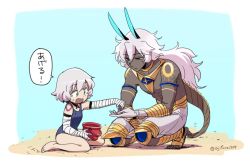 Rule 34 | 1boy, 1girl, :d, arjuna (fate), arjuna alter (fate), asaya minoru, bandaged arm, bandaged hand, bandages, bare legs, bare shoulders, barefoot, blue background, breasts, bucket, dark-skinned male, dark skin, facial scar, fate/grand order, fate (series), gloves, green eyes, grey eyes, hair between eyes, holding, holding bucket, horns, jack the ripper (fate/apocrypha), kneeling, long hair, open mouth, sand, scar, scar on cheek, scar on face, shorts, shoulder tattoo, silver hair, sitting, small breasts, smile, tattoo, topless male, translation request, twitter username, two-tone background, very long hair, wariza, white background, white gloves, white shorts
