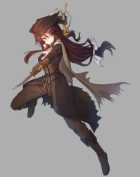 Rule 34 | 1girl, bloodborne, brown hair, cape, dagger, full body, glasses, gloves, hat, highres, holding, holding weapon, knife, long hair, low-tied long hair, purple eyes, simple background, solo, sword, tilt-shift (azalanz), torn clothes, tricorne, weapon
