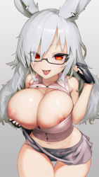 Rule 34 | 1girl, :p, animal ears, bare shoulders, black-framed eyewear, black gloves, black panties, blush, breasts, buttons, cameltoe, clothes lift, collarbone, collared shirt, cowboy shot, ear piercing, fingerless gloves, glasses, gloves, grey hair, groin, hair between eyes, hand up, highres, hiragana oufu, inverted nipples, large breasts, lifting own clothes, long hair, looking at viewer, microskirt, navel, nipple slip, nipples, open mouth, orange eyes, original, panties, pantyshot, piercing, pleated skirt, rabbit ears, rabbit girl, red eyes, semi-rimless eyewear, shirt, silver shirt, skirt, skirt lift, sleeveless, sleeveless shirt, smile, solo, standing, stomach, tongue, tongue out, under-rim eyewear, underwear, white shirt, wing collar