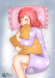Rule 34 | 1girl, absurdres, artist name, bare legs, barefoot, blush, closed eyes, female focus, hair between eyes, highres, holding, holding pillow, looking at viewer, love live!, love live! school idol festival, love live! school idol project, lying, mizunoe illust, nishikino maki, on bed, pajamas, parted lips, pillow, purple pajamas, red hair, short hair, smile, solo, star (symbol), star print
