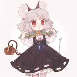 Rule 34 | 1girl, animal ears, bad id, bad pixiv id, basket, biyon, black skirt, capelet, cowboy shot, grey hair, high-waist skirt, jewelry, long sleeves, looking at viewer, mouse ears, mouse tail, nazrin, pendant, red eyes, short hair, simple background, skirt, skirt set, smile, solo, tail, touhou, twitter username