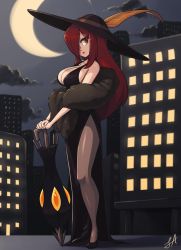 Rule 34 | 1girl, absurdres, black dress, breasts, city, cityscape, cleavage, dress, hat, highres, large breasts, long hair, night, parasoul (skullgirls), red hair, skecchi, skullgirls, solo, tagme, umbrella