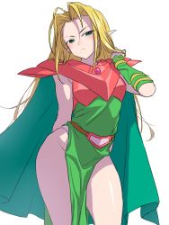Rule 34 | 1girl, absurdres, armband, armor, belt, blonde hair, blush, breastplate, cape, closed mouth, deedlit, dress, elf, green cape, green dress, green eyes, hand up, highres, looking at viewer, onsoku inu, pauldrons, pelvic curtain, pointy ears, record of lodoss war, shoulder armor, simple background, solo, standing, white background