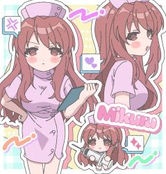 Rule 34 | 1girl, anger vein, asahina mikuru, blush stickers, breasts, brown eyes, brown hair, character name, chibi, clipboard, closed mouth, dress, hand on own hip, hat, heart, highres, holding, holding clipboard, holding syringe, large breasts, long hair, looking at viewer, multiple views, nanonome, nurse, nurse cap, official alternate costume, pink hat, purple dress, spoken anger vein, spoken heart, spoken sparkle, standing, suzumiya haruhi no yuuutsu, syringe