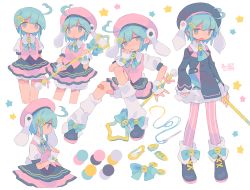 Rule 34 | 1girl, :o, ahoge, animal ears, arm at side, arms behind back, bandaid, bandaid on leg, beret, black footwear, blue bow, blue eyes, blue hair, blue neckwear, blue ribbon, blush, bow, buttons, carrot, color guide, cropped legs, cross-laced footwear, d:, daizu (melon-lemon), embarrassed, expressionless, fang, fingerless gloves, from side, furrowed brow, gloves, gradient eyes, hair between eyes, hair ornament, hairclip, half-closed eyes, hand up, hat, highres, holding, long sleeves, looking at viewer, magical girl, multicolored eyes, multiple views, needle, no nose, open mouth, original, pantyhose, pink headwear, pink legwear, profile, puffy short sleeves, puffy sleeves, rabbit ears, rabbit tail, ribbon, sewing needle, short hair, short sleeves, sidelocks, simple background, standing, star (symbol), striped clothes, striped legwear, striped pantyhose, sweat, tail, tareme, thigh gap, thread, v-shaped eyebrows, vertical-striped clothes, vertical-striped legwear, vertical-striped pantyhose, vest, white background, white gloves, white legwear