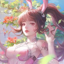 Rule 34 | 1girl, animal ears, blue sky, collar, douluo dalu, dress, glint, hair ornament, hand up, leaf, light particles, metal collar, pink dress, ponytail, rabbit ears, second-party source, sky, solo, teeth, upper body, wall, xiao wu (douluo dalu), yi zi zi