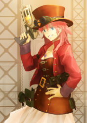 Rule 34 | 1girl, :d, belt, blue eyes, breasts, character request, cleavage, copyright request, corset, cowboy shot, female focus, gabasso, gloves, goggles, gun, hat, jewelry, looking at viewer, necklace, open mouth, original, parted lips, pink hair, skirt, smile, solo, steampunk, top hat, weapon